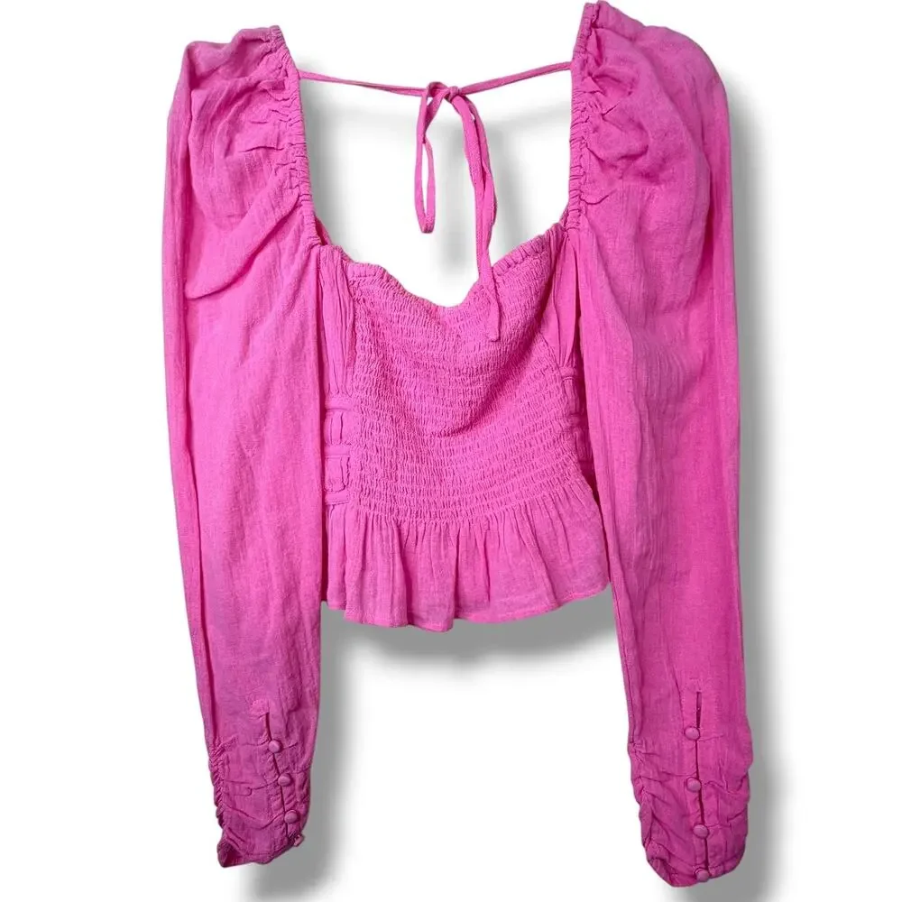 Free People Chloe Aurora Pink Smocked Peplum Sweetheart Bohemian Cropped Top